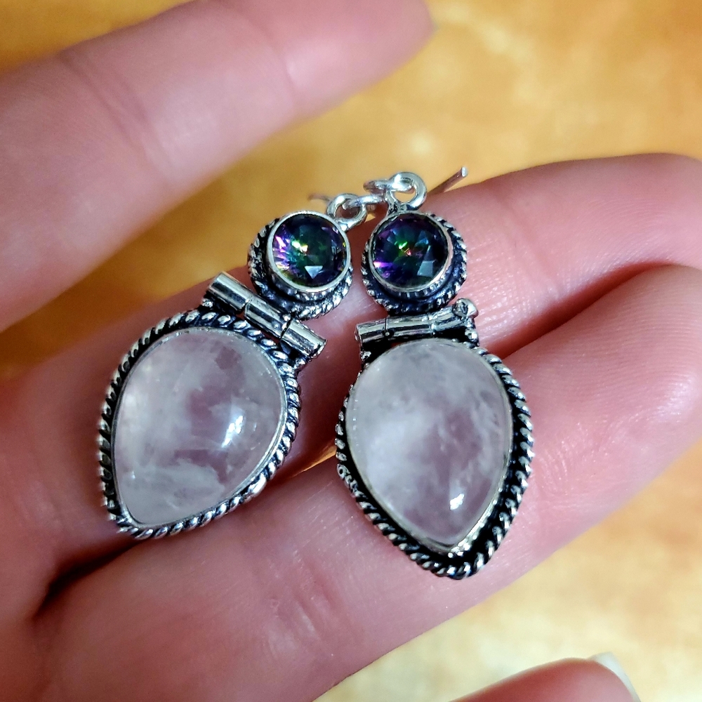New Rose Quartz & Mystic Topaz Silver Earrings.